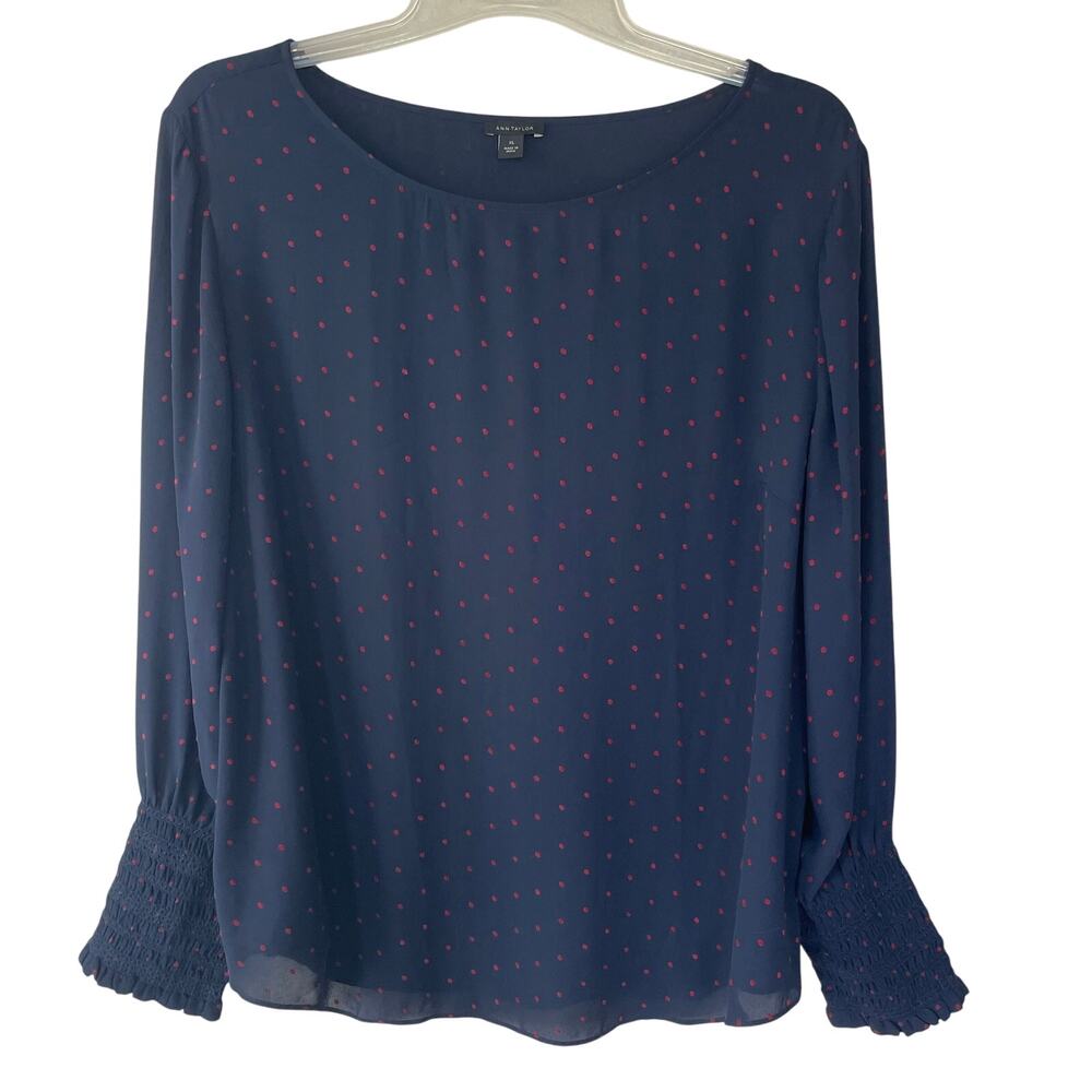 Ann Taylor Navy Blouse with Pink Dot Pattern